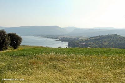 A green and yellow slope leading down to hills on the right and the Sea of Galilee on the left, mountains are in the hazy distance